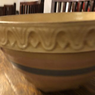 Vintage Yellow Ware Pottery Mixing Bowl Pink Blue Stripe