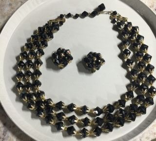 Vintage 3 Strand Beaded 18 " Necklace And Matching Black 1 " And Gold Earrings