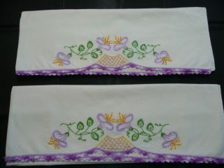 Vintage Pair Pillowcases Hand Embroidered Purple Trumpet Flowers Crochet Edge