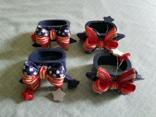 Set Of 4 Vintage Napkin Holders Rings Red White And Blue With Bow
