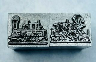 2 Letterpress Printers Metal Dingbat 2 Railroad Train Steam Engines