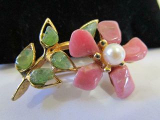 Vintage Swoboda Rose Quartz Pearl Petal Jade Leaf Gemstone Flower Brooch Pin