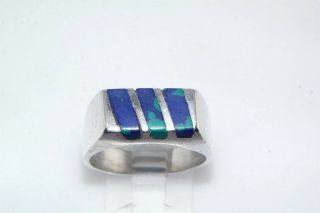Vtg Mexico Sterling Silver Blue Stone Inlay Ring Sz 10.  5 Gents