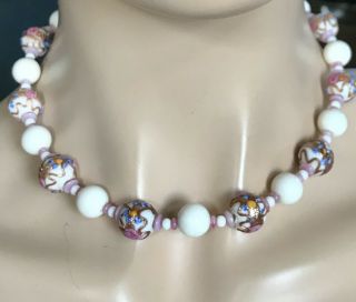 Vintage Art Glass Bead Necklace 17” White Pink Blue Floral Beaded