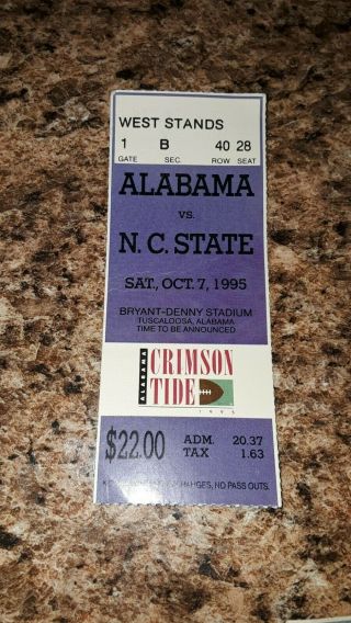 Vintage 1995 University Of Alabama Vs North Carolina State Football Ticket Stub