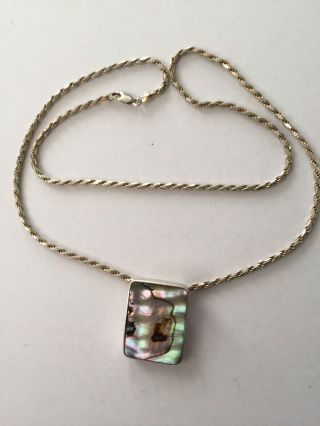 Vintage Sterling Silver Mexico Abalone Pendant On A Heavy Sterling Silver Chain