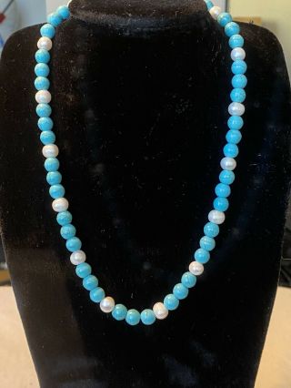 Vintage Sterling Silver 925 Natural Turquoise An Pearl Beaded Necklace 18”