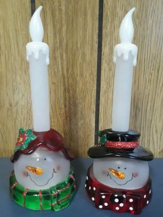 2 Vintage Acrylic Christmas Snowman Flameless Color Changing Flickering Candle
