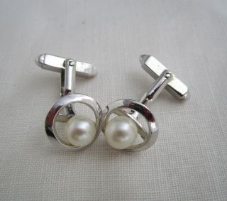 Estate Vintage Sterling Silver And Cultured Pearl Round Art Deco Cufflinks