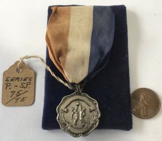Vintage Unengraved Volleyball Medal Pewter? Nos? Red White & Blue Ribbon Pinback