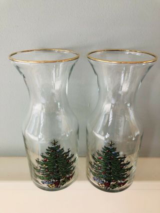 2 X Vintage Spode Christmas Tree Glass Carafe With Gold Rim