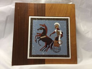 Vintage Two Tone Wooden Trivet W/ Ceramic Tile Gladiator And Chariot And Horses
