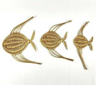 Vintage Wicker Rattan Gold Angel Fish Wall Hangings Art Set Of 3 Nautical