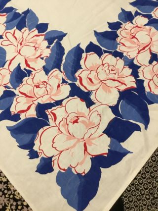 Vintage 1950 - 60’s Pink And Blue Floral Print Tablecloth