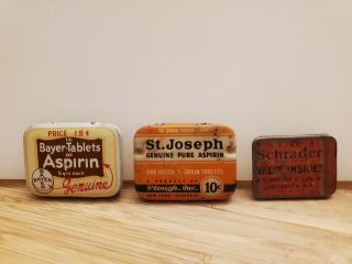 Vintage Medicine Tins.  Bayer St.  Joseph Aspirin & Schrader Tire Valve Core Litho