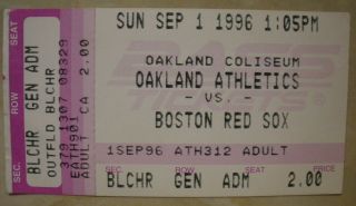 9 - 1 - 96 Boston Red Sox @ Oakland Athletics Ticket Stub