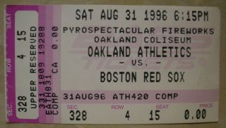 8 - 31 - 96 Boston Red Sox @ Oakland Athletics Ticket Stub