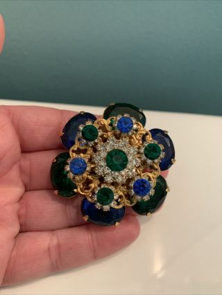 Vintage Gold Tone Blue Green Rhinestone Brooch Pin Jewelry Ee56