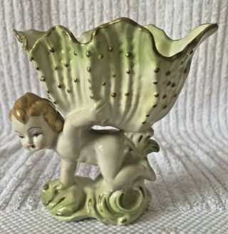 Vintage Andrea Cupid Angel Figurine Holding Seashell Dish Occupied Japan