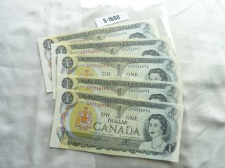 Vintage 5x Banknote Canada 1973 1 Dollar Sequance Number No1688