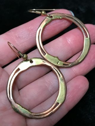 Modernist Brutalist Copper Brass Hoop Earrings Vintage Costume Jewelry