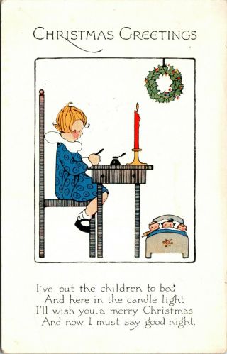 Vintage 1908 Little Girl Writing A Letter,  Merry Christmas Post Card