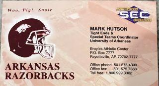 Mark Hutson Arkansas Razorbacks Business Card.  Oklahoma Sooners Legend