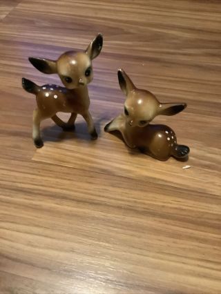 2 Vintage Hard Plastic Big Eyed Reindeer Deer Bambi Christmas Decorations