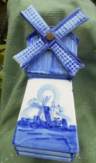 Vintage Delft Blue Spinning Windmill - Ceramic Planter W/ Floral & Windmills