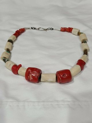 Vintage Coral And Turquoise Sterling Silver Trade Bead Necklace 21 " 195 Grams