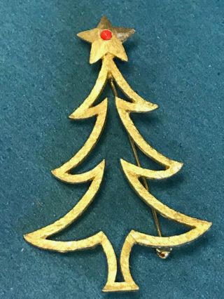 Vintage Mylu Signed Large Goldtone Open Christmas Tree Pin Brooch W Red Bead