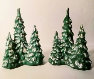 2 Vintage Ceramic Snow Covered Pine Tree Christmas Village Figures 7 "