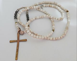Vintage Authentic White Glass Beads Catholic Rosary Copper Cross