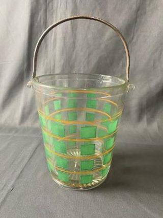 Vintage Glass Ice Bucket With Green Square Design Metal Handle Jl