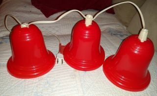Vintage 50s - 60s Hard Plastic Red Christmas Bell Light String Of 3 Bells