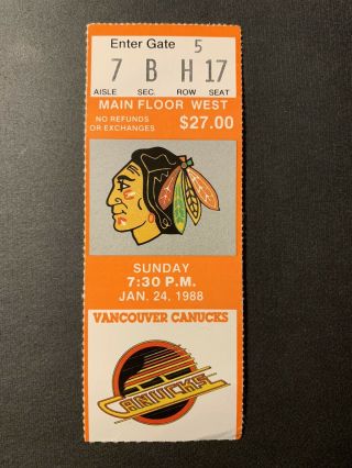 1/24/88 Nhl Chicago Blackhawks Ticket Stub Vs Vancouver Canucks Denis Savard