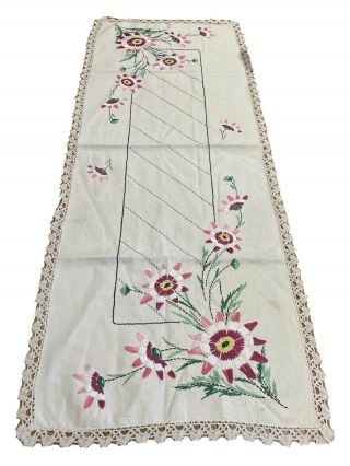 Vintage Hand Embroidered Dresser Scarf Table Runner 36x15” Crocheted Floral