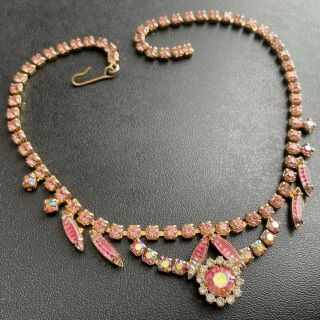 D&e Juliana Vintage Pink Navette Givre Glass Flower Rhinestone Necklace 579
