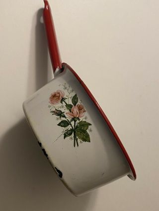 Vintage White Red Floral Enamelware Distressed Small Sauce Pan A6401