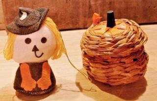 Old Vintage Halloween Pumpkin Basket And Old Cloth Witch Ornament Mid - Late 1900s