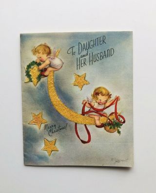 Vintage Christmas Card Rust Craft Ruth Jeaneret Baby Angel Girl Glitter Moon Vtg