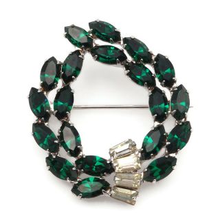 Vintage Green Marquise Cut Crystal Baguette Rhinestone Wreath Fashion Brooch Pin