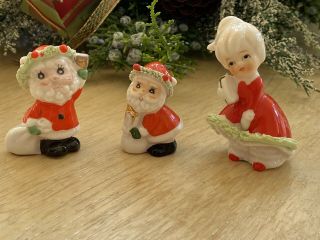 Vintage Set Of 3 Miniature Bone China Santas And Christmas Girl