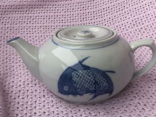 Vintage Chinese Exported Koi Fish Blue White Teapot With Lid Hand Painted