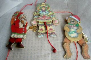 3 Vintage Wood Midwest Pull String Toy Puppet Christmas Ornament Decor 2 Sided