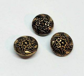 Vintage Black Glass Button Set Of 3 Floral Gold Luster 5/8 "