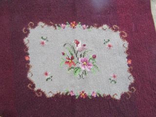 Vintage Burgundy Floral Tapestry Needlepoint Chair Seat Cover Pillow