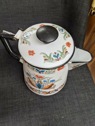 Vintage Swedish Berggren Floral Folk Art Enamelware Coffee Pot Water Boiler