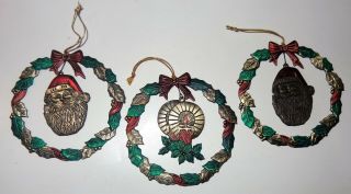 3 Vintage Russ Berrie Metal Wreath Ornaments Santa Claus Head & Candles Heirloom