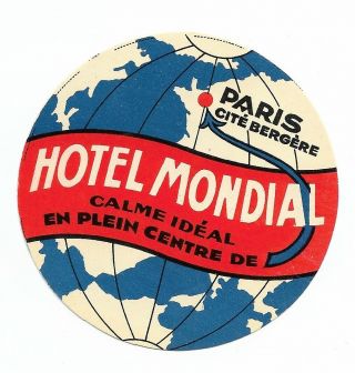 Authentic Vintage Luggage Label Hotel Mondial Paris,  France